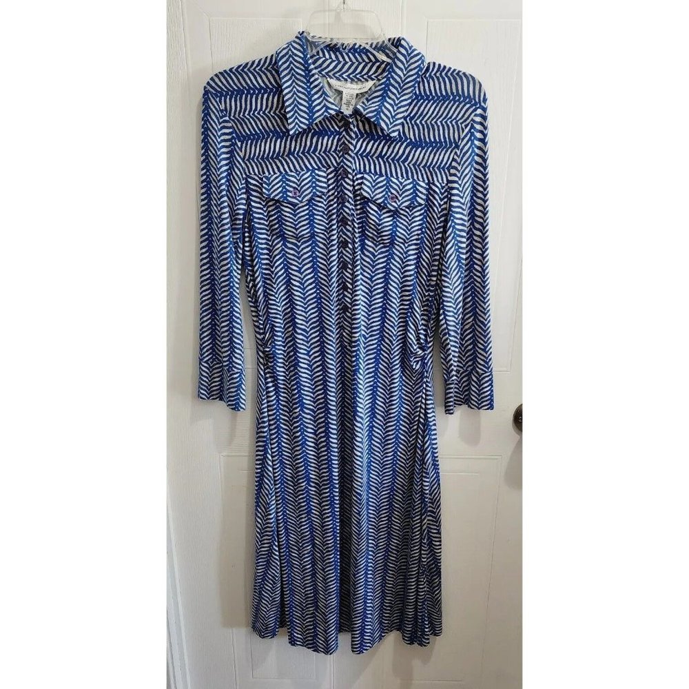 Diane von Furstenberg Jersey Knit‎ Dress 3/4 Sleeve Blue Funky Herringbone Sz 10